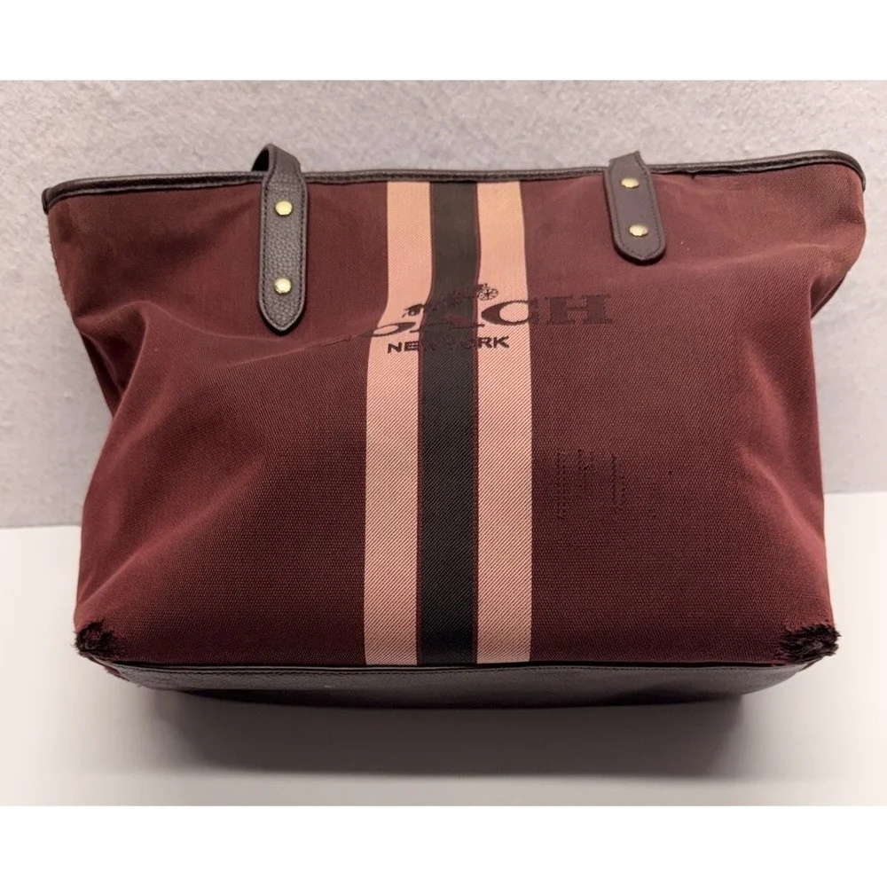 COACH Horse & Carriage Jacquard City Tote Oxblood Pink Varsity Stripe 69645